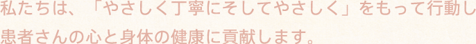 私たちは、「やさしく丁寧にそしてやさしく」もって行動し患者さんの心と身体の健康に貢献します。